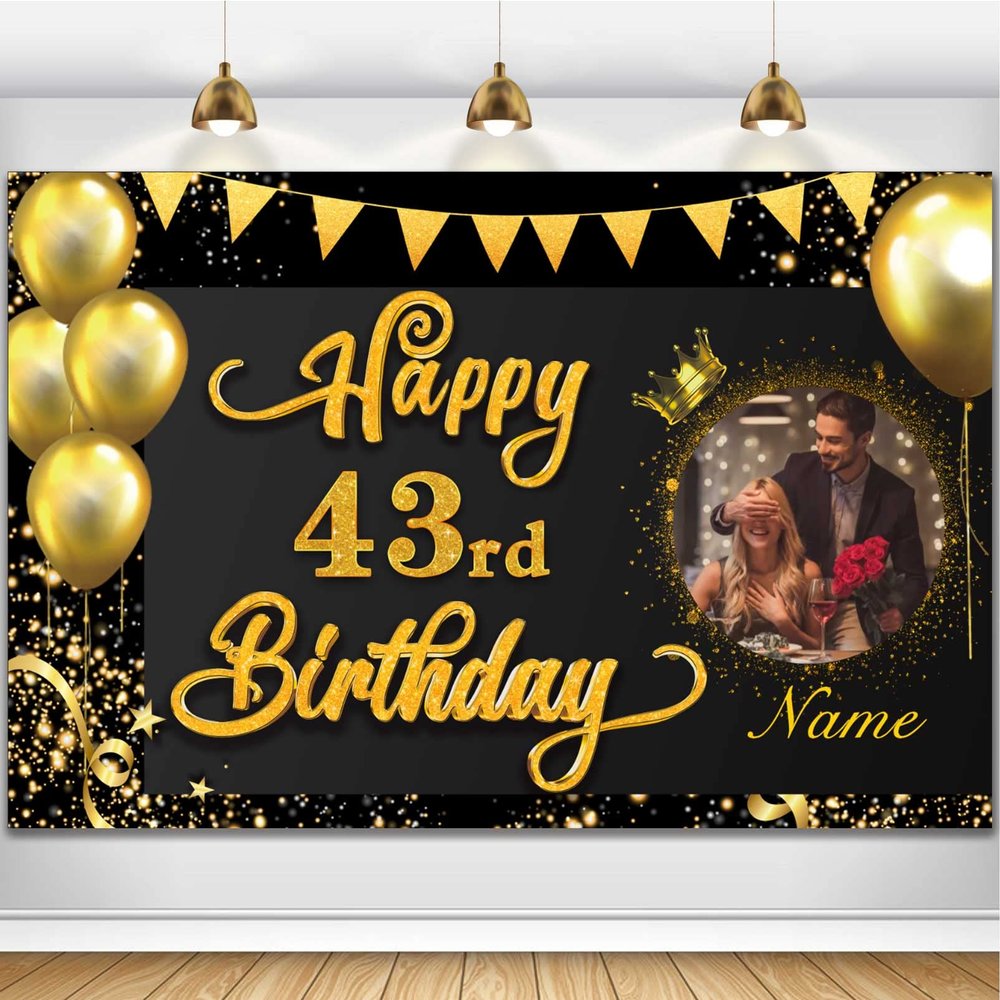 AUBAO Custom Happy 43rd Bday Decors Banner -43 Years Old Backdrop for Women Men Boys Girls - Personalization Party Supplies Black and Gold 4x6ft/5x7.5ft/6x9ft/7x10.5ft/8x12ft
