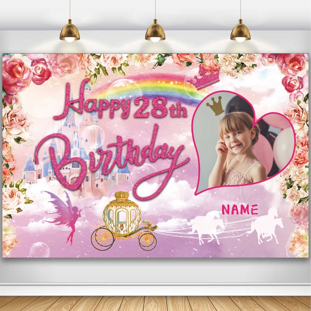 Custom Princess Theme 28th Birthday Party Decorations BannerHappy 28th Birthday Royal Castle Carriage Crown Floral Backdrop Decorations Supplies