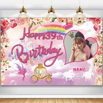 Custom Princess Theme 39th Birthday Party Decorations BannerHappy 39th Birthday Royal Castle Carriage Crown Floral Backdrop Decorations Supplies