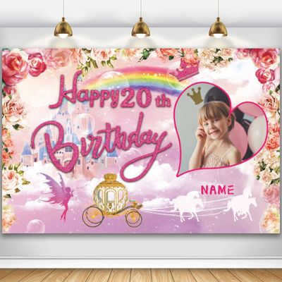 Custom Princess Theme 20th Birthday Party Decorations BannerHappy 20th Birthday Royal Castle Carriage Crown Floral Backdrop Decorations Supplies