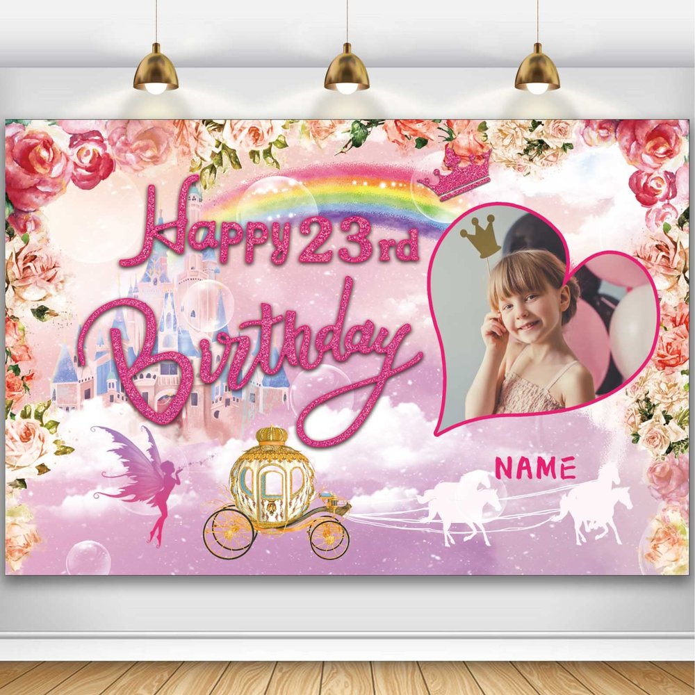 Custom Princess Theme 23rd Birthday Party Decorations BannerHappy 23rd Birthday Royal Castle Carriage Crown Floral Backdrop Decorations Supplies