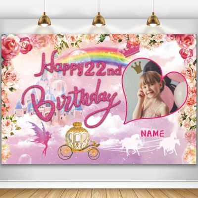 Custom Princess Theme 22nd Birthday Party Decorations BannerHappy 22nd Birthday Royal Castle Carriage Crown Floral Backdrop Decorations Supplies