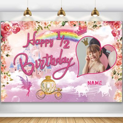 AUBAO Custom Princess Theme Half Year Birthday Party Decorations BannerHappy 1/2 Birthday Royal Castle Carriage Crown Floral Backdrop,6 Months Birthday Decorations Supplies