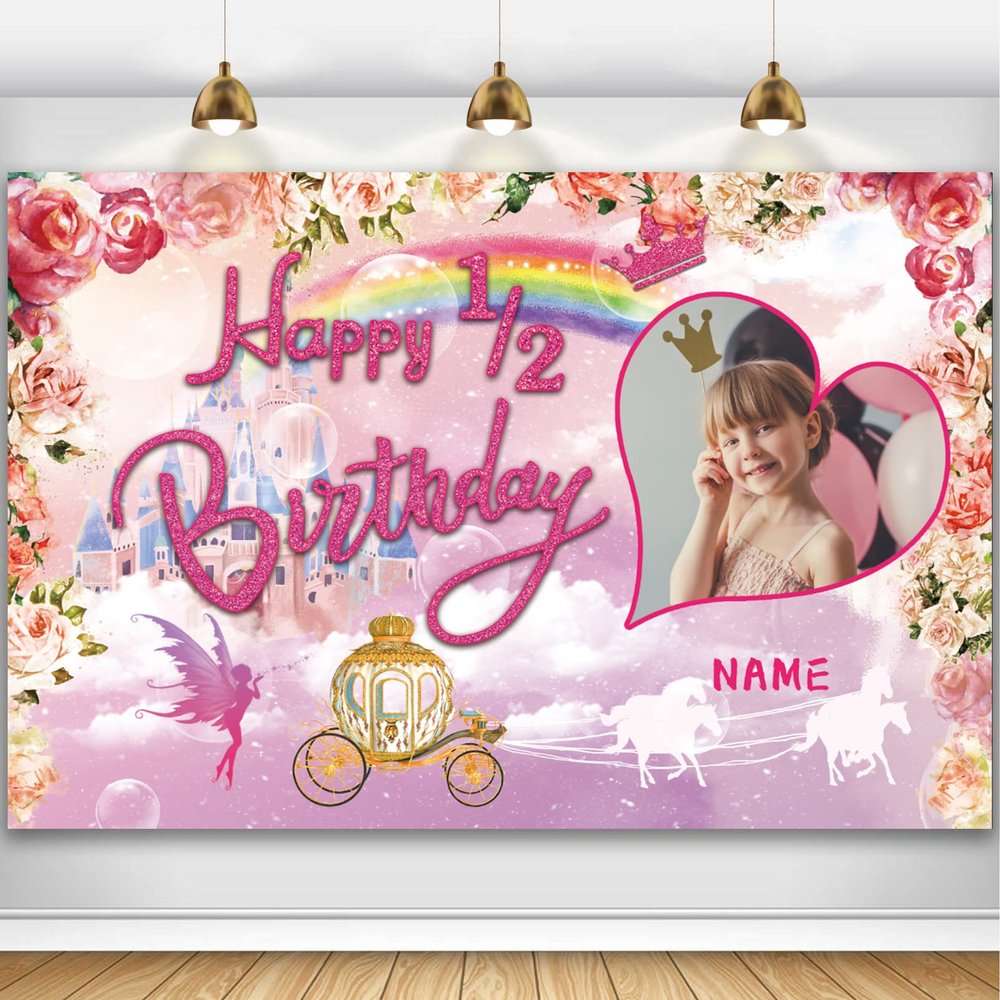 AUBAO Custom Princess Theme Half Year Birthday Party Decorations BannerHappy 1/2 Birthday Royal Castle Carriage Crown Floral Backdrop,6 Months Birthday Decorations Supplies