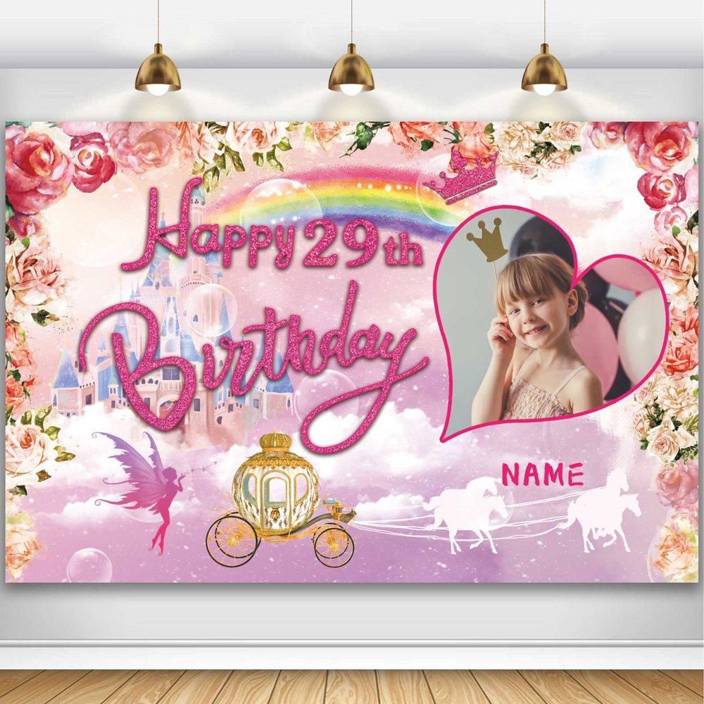 Custom Princess Theme 29th Birthday Party Decorations BannerHappy 29th Birthday Royal Castle Carriage Crown Floral Backdrop Decorations Supplies