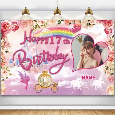 Custom Princess Theme 17th Birthday Party Decorations BannerHappy 17th Birthday Royal Castle Carriage Crown Floral Backdrop Decorations Supplies