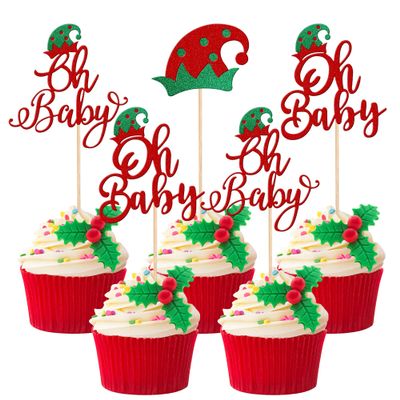 24 PCS Christmas Elf Oh Baby Cupcake Toppers with Glitter Baby Shower Elf Hat Christmas Cupcake Picks for Christmas Theme Gender Reveal Baby Shower Kids Birthday Party Cake Decorations Supplies