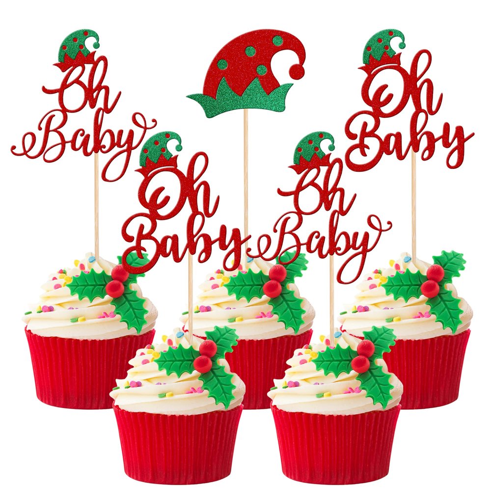 24 PCS Christmas Elf Oh Baby Cupcake Toppers with Glitter Baby Shower Elf Hat Christmas Cupcake Picks for Christmas Theme Gender Reveal Baby Shower Kids Birthday Party Cake Decorations Supplies
