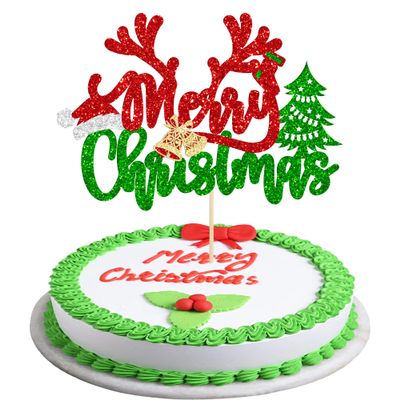 1Pc Merry Christmas Cake Topper with Red Green Glitter Christmas Tree Deer Santa Hat Cake Pick Decorations for Merry Xmas Theme Happy New Year Party Supplies