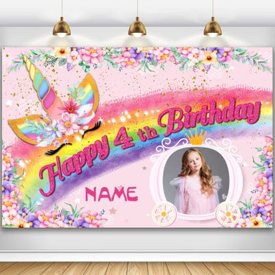 Custom Unicorn Theme 4th Birthday Party Decorations BannerHappy 4th Birthday Unicorn Backdrop Decorations Supplies