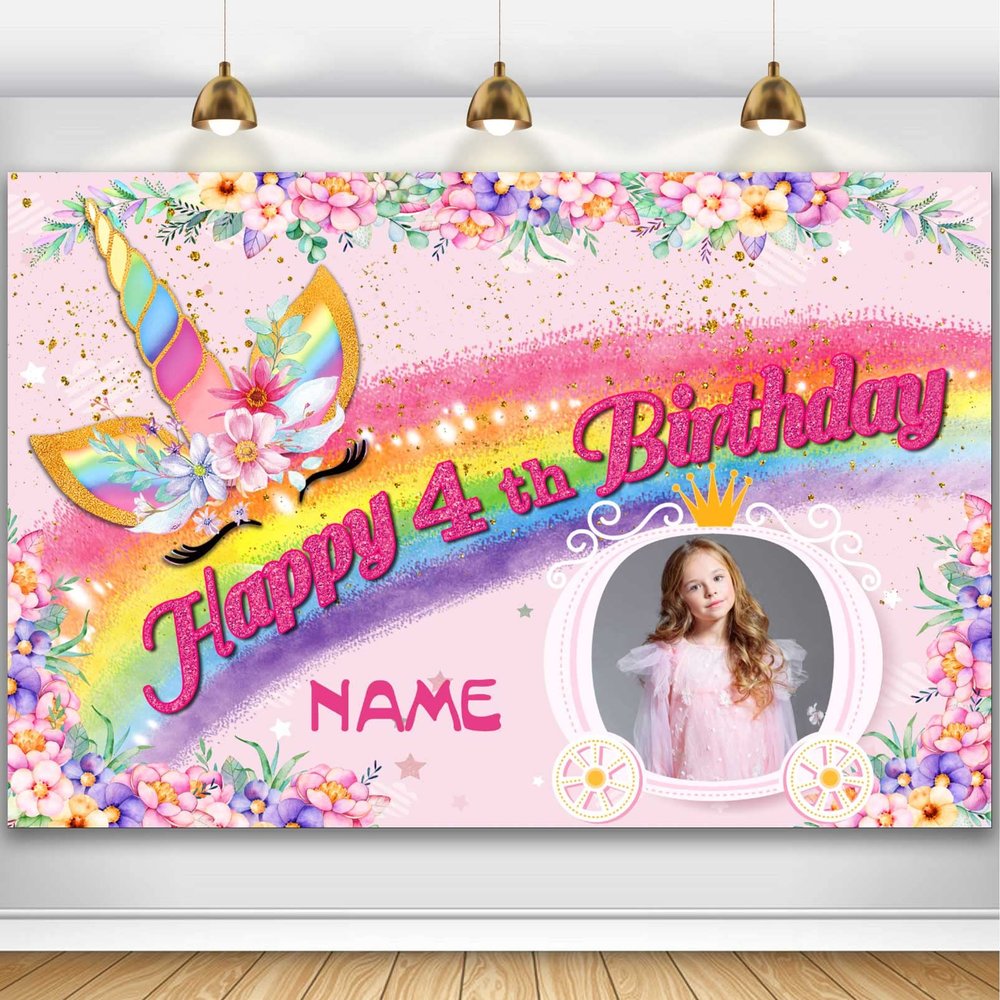 Custom Unicorn Theme 4th Birthday Party Decorations BannerHappy 4th Birthday Unicorn Backdrop Decorations Supplies