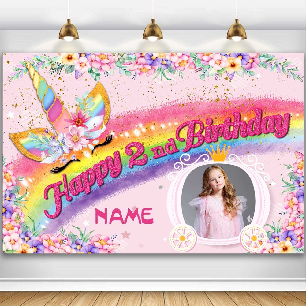Custom Unicorn Theme 2nd Birthday Party Decorations BannerHappy 2nd Birthday Unicorn Backdrop Decorations Supplies