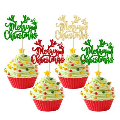 24Pcs Merry Christmas Cupcake Toppers With Glitter Deer - Picks Decorations for Xmas, New Year, Holiday Party Supplies - Mixed Colors