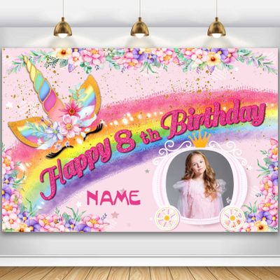 Custom Unicorn Theme 8th Birthday Party Decorations BannerHappy 8th Birthday Unicorn Backdrop Decorations Supplies