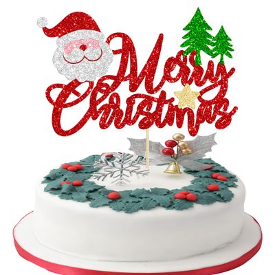 1Pc Merry Christmas Cake Topper with Red Green Glitter Christmas Tree Deer Santa Claus Hat Cake Pick Decorations for Merry Xmas Theme Happy New Year Party Supplies