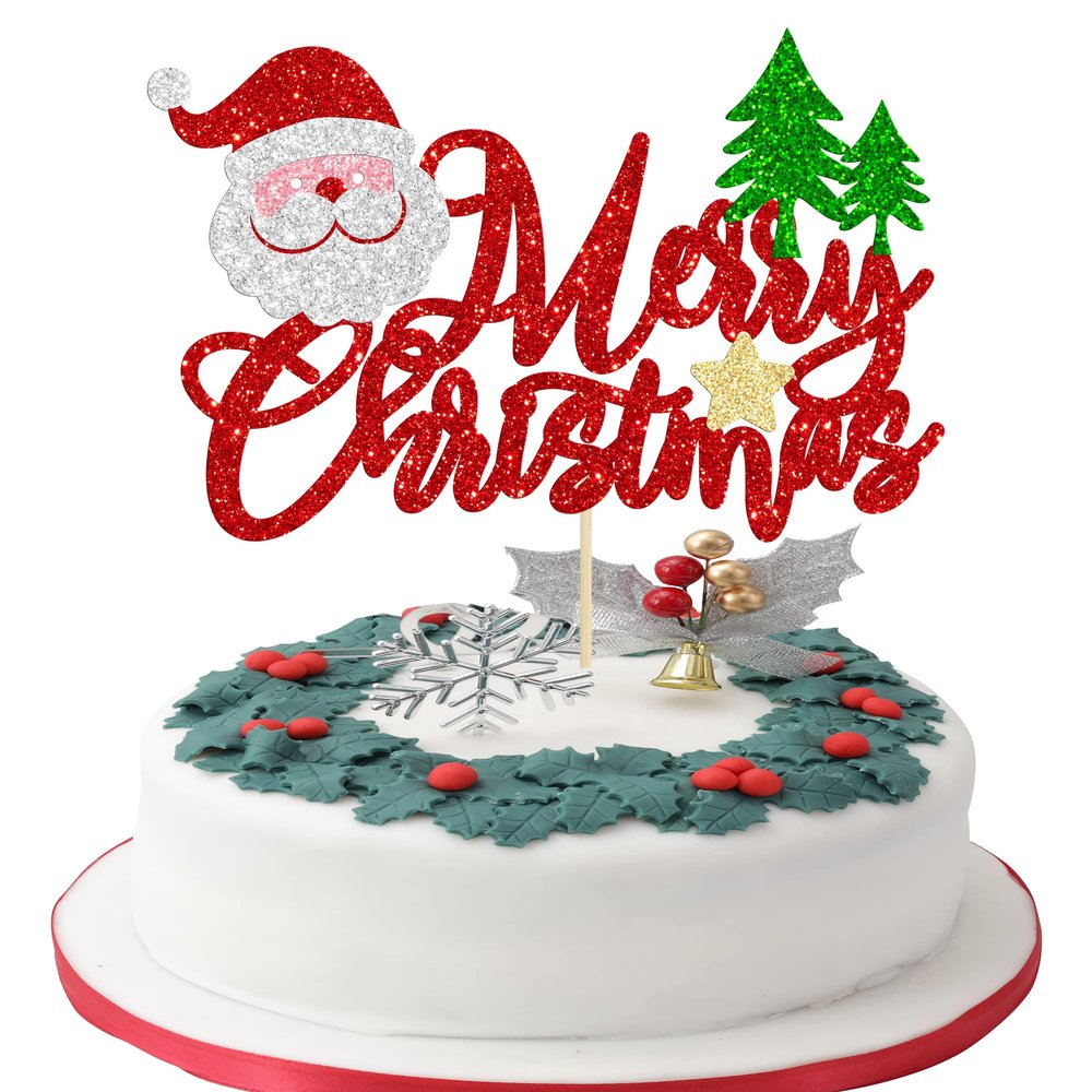 1Pc Merry Christmas Cake Topper with Red Green Glitter Christmas Tree Deer Santa Claus Hat Cake Pick Decorations for Merry Xmas Theme Happy New Year Party Supplies