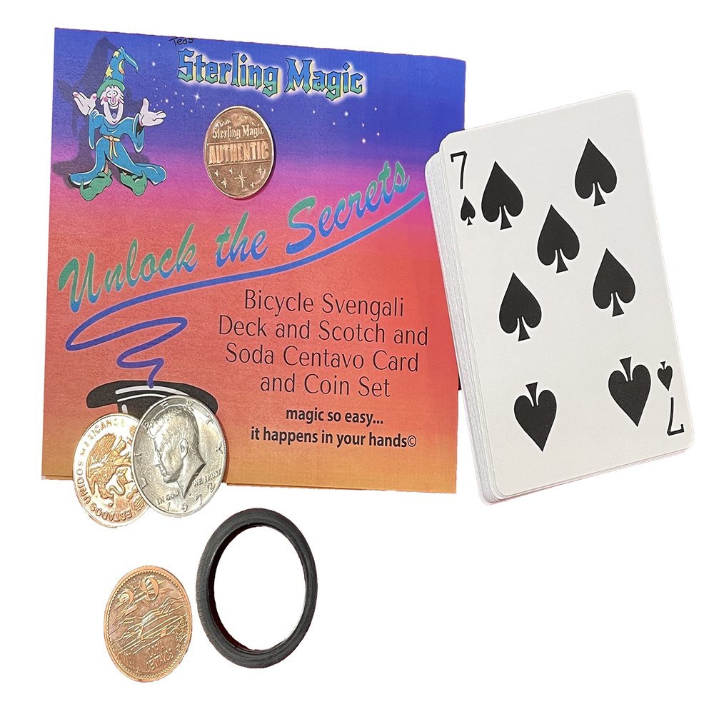 Ted's Sterling Magic Factory Cut Bicycle Svengali Deck and Genuine US Scotch and Soda Centavo Coin Card Trick Set (Blue)