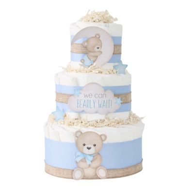 Blue Teddy Bear Diaper Cake - We Can Bearly Wait Baby Shower Decoration Centerpiece - Newborn Boy Gift (Moon Stars)