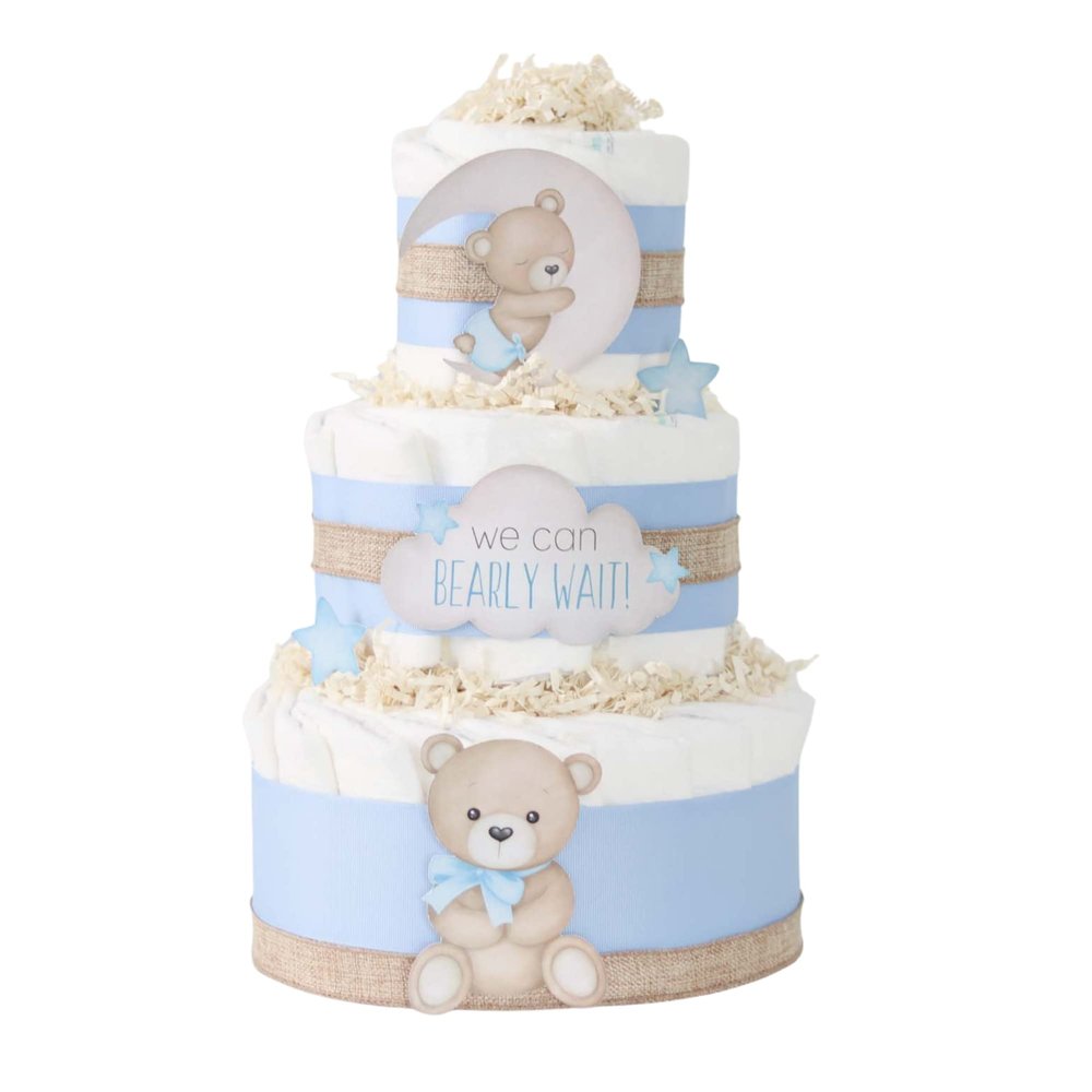 Blue Teddy Bear Diaper Cake - We Can Bearly Wait Baby Shower Decoration Centerpiece - Newborn Boy Gift (Moon Stars)