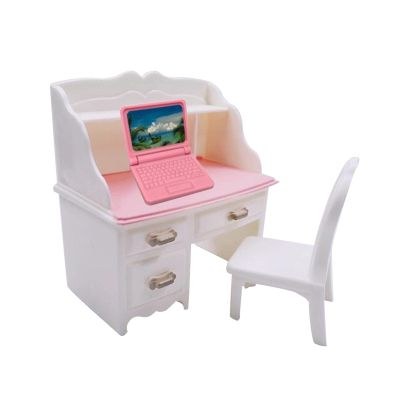 Esquirla 1/12 Dollhouse Desk Chair Set Table Simulation Notebook Dollhouse Decoration Accessories for Living Room Study Decoration, with Pink Laptop