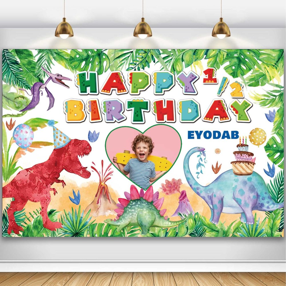 Custom Dinosaur Theme Half Year Party Decorations Banner, Happy 1/2 Birthday Dinosaur World Backdrop, 6 Months Decorations Supplies
