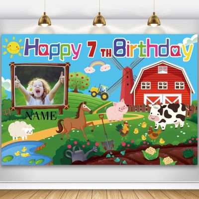 Custom Farm Animals Theme 7th Birthday Party Decorations BannerHappy 7th Birthday Barn Farmhouse Cow Backdrop Decorations Supplies