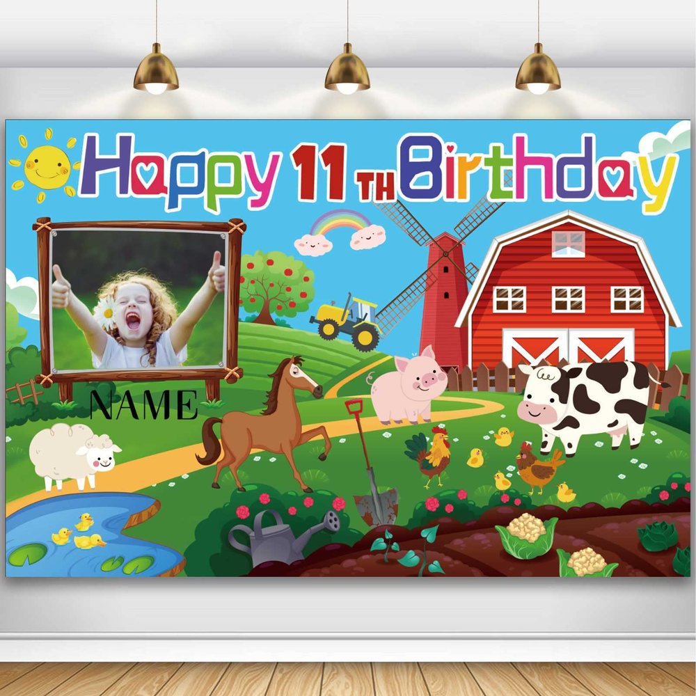 Custom Farm Animals Theme 11th Birthday Party Decorations BannerHappy 11th Birthday Barn Farmhouse Cow Backdrop Decorations Supplies