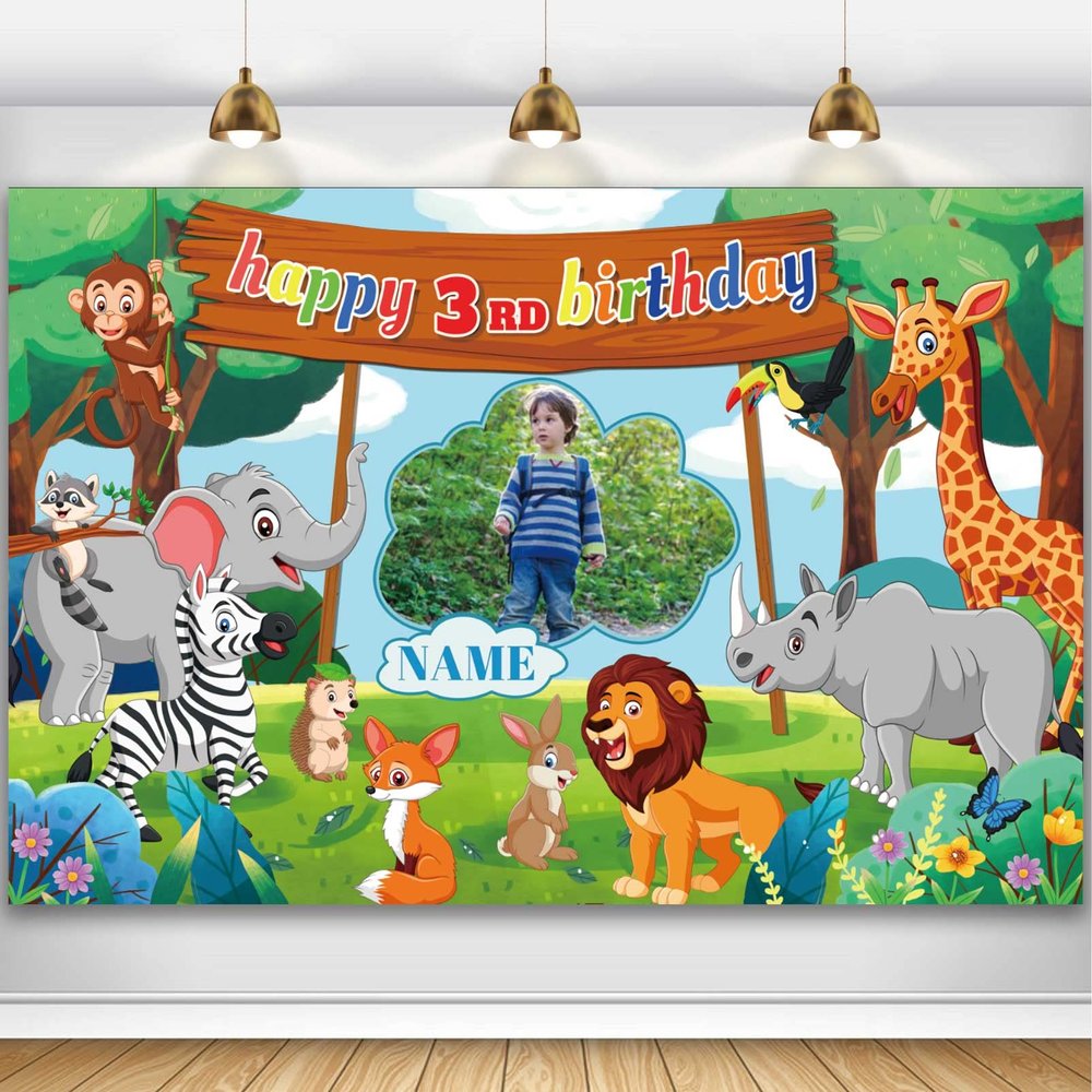 AUBAO Wild Jungle Safari Theme 3rd Birthday Banner, Personalized Decorations, Durable Polyester, 4x6ft/4.5x7ft/5x7.5ft/6x9ft/7x10.5ft