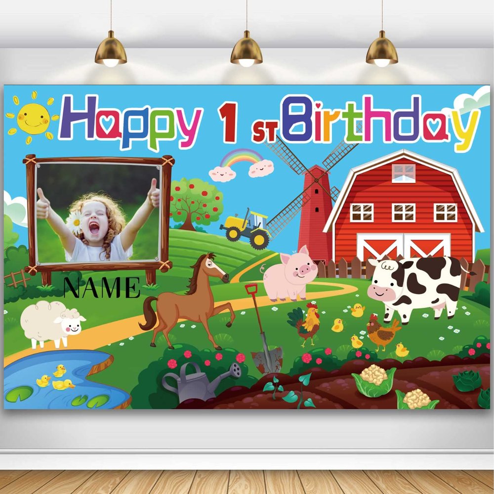 Custom Farm Animals Theme 1st Birthday Party Decorations BannerHappy 1st Birthday Barn Farmhouse Cow Backdrop Decorations Supplies