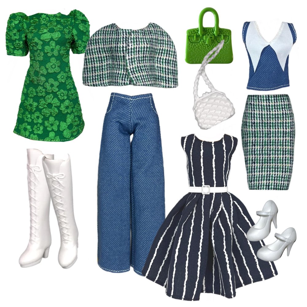 Eledoll 11.5 inch Doll Clothes Lot Deluxe Fashion Pack Green/Blue Tweed Blazer Suit Set Evelyn Grace 1950's 1960's Fashion Set Mix Match with White Boots