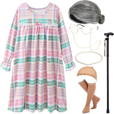 EBYTOP Old Lady Costume for Kids 100th Day of School Costume Wig 100 Year Granny Glasses Grandma Little Old Women Cane Accessories,3-4 Years