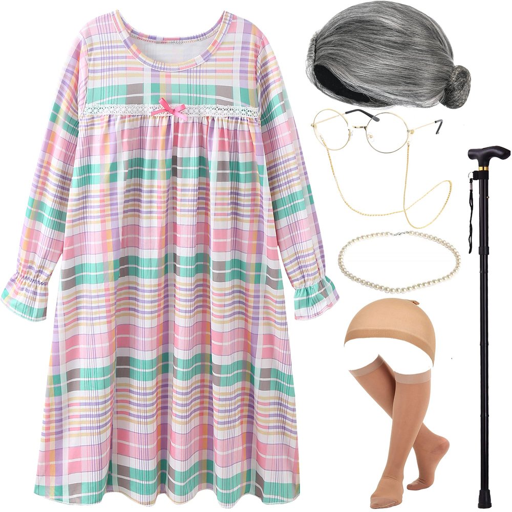 EBYTOP Old Lady Costume for Kids 100th Day of School Costume Wig 100 Year Granny Glasses Grandma Little Old Women Cane Accessories,3-4 Years