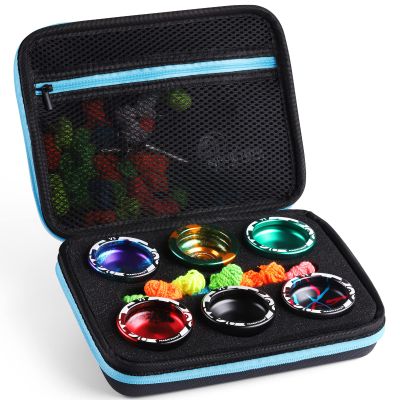 MAGICYOYO Professional Yoyo Storage Case, Yo-yo Case Carry Bag Protect Yo yo Accessories, 6 Yoyo Storage Compartments and Interior Zip Compartment (Black Blue)