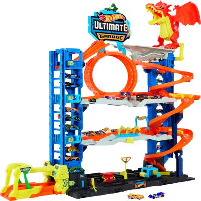 Hot Wheels City Ultimate Garage Track Set with 2 Die-Cast Toy Cars & Car-Eating Dragon, Stores 50+ Vehicles, 4 Levels