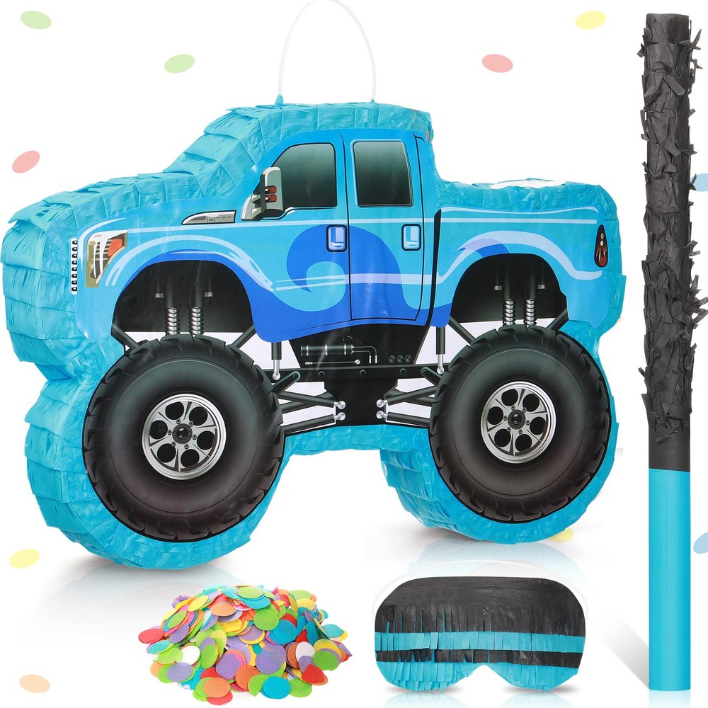 Small Truck Piata Birthday Truck Piata for Kids Construction Piata with Stick Blindfold Confetti Boys Birthday Party Supplies for Carnival Events Fiesta Decor Games,15.7 x 11 x 2.4 Inch (Blue)