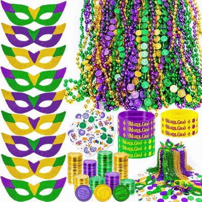 MGparty 216 PCS Mardi Gras Accessories - Masks Beads Necklaces Coins Tattoos Bracelets Carnival Parade Masquerade Party Decorations Supplies