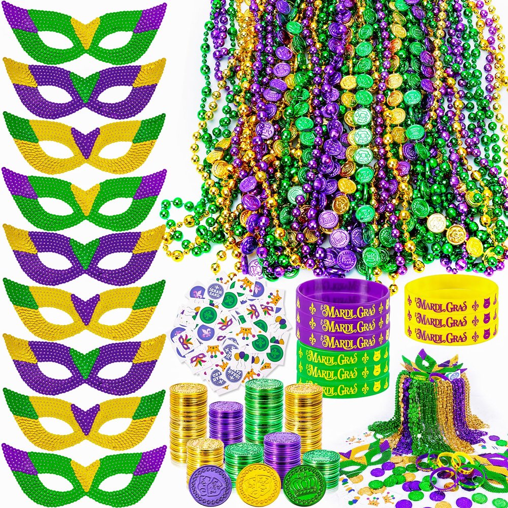 MGparty 216 PCS Mardi Gras Accessories - Masks Beads Necklaces Coins Tattoos Bracelets Carnival Parade Masquerade Party Decorations Supplies