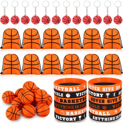 LEIFIDE 48 Pcs Basketball Party Favors 12 Sets Silicone Bracelet Drawstring Treat Bag Mini Stress Ball Keychains for Basketball Birthday Party Supplies