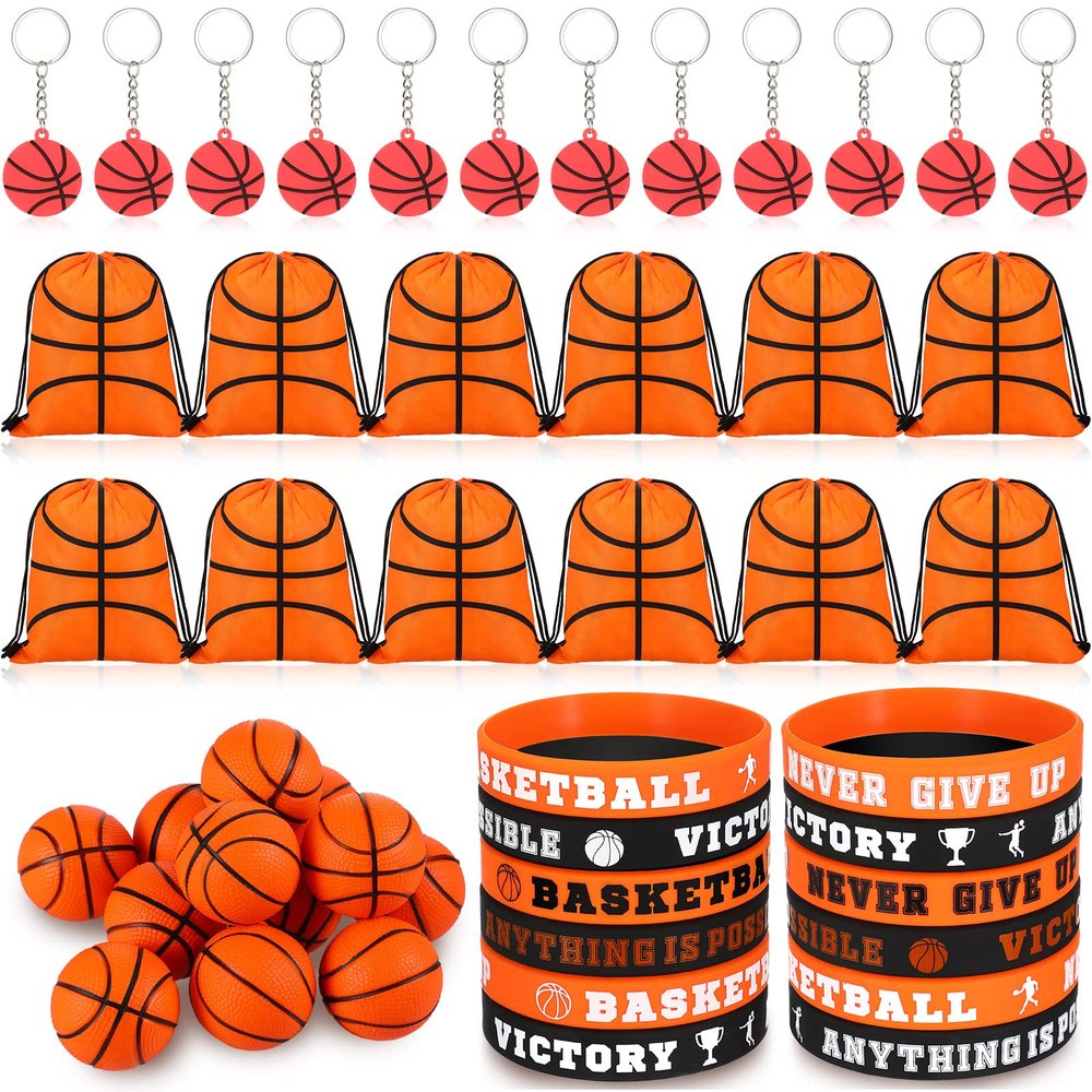 LEIFIDE 48 Pcs Basketball Party Favors 12 Sets Silicone Bracelet Drawstring Treat Bag Mini Stress Ball Keychains for Basketball Birthday Party Supplies