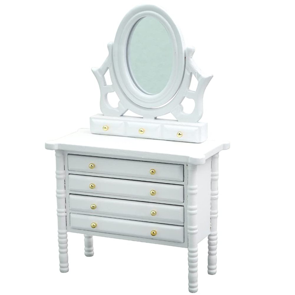 jojofuny Dollhouse Miniature Dressing Table Scale Wooden Makeup Vanity Mirror for Mini House Bedroom Decor Realistic Design Essential Doll Furniture