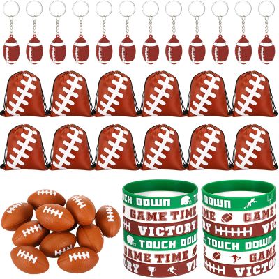 LEIFIDE 48 Pcs Football Party Favors 12 Sets Silicone Bracelet Drawstring Treat Bag Mini Stress Ball Keychains for Football Birthday Party Supplies