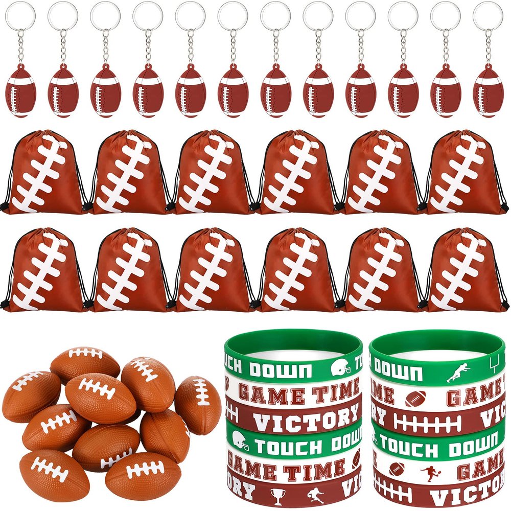 LEIFIDE 48 Pcs Football Party Favors 12 Sets Silicone Bracelet Drawstring Treat Bag Mini Stress Ball Keychains for Football Birthday Party Supplies
