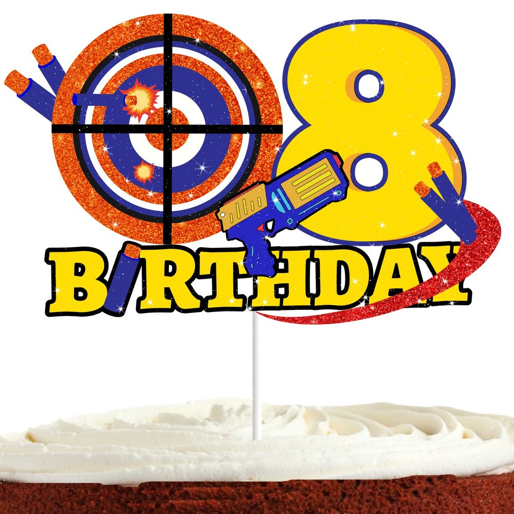 Dart Gun Cake Topper 8 for Boys Girls 8th Birthday Dart War Party Supplies Target Bullet Cake Decorations Target Gun Eighth Birthday Cake Decor Gun Theme Party Supplies