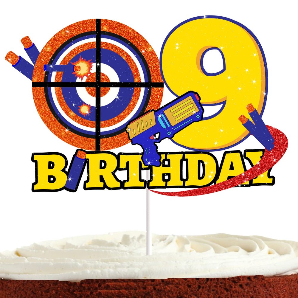 Dart Gun Cake Topper 9 for Boys Girls 9th Birthday Dart War Party Supplies Target Bullet Cake Decorations Target Gun Ninth Birthday Cake Decor Gun Theme Party Supplies
