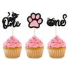 24pcs One Cupcake Toppers - Black Glitter Cat Frist Birthday Cupcake Picks Decorations for Cat Lover Kitten Theme Baby Shower Kids 1st Birthday wedding Party Supplies view 1
