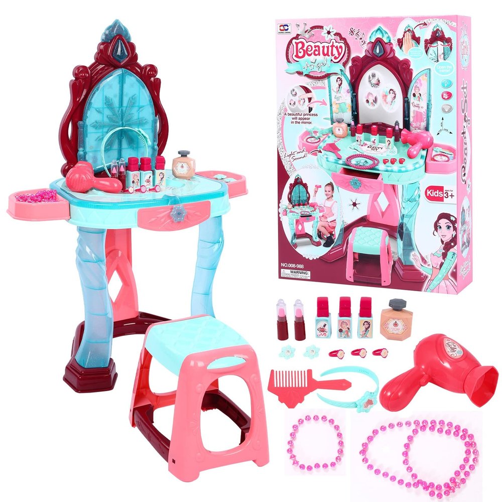 Toddler Vanity Set | Kids Vanity Set with Lights & Sounds | Little Girls Vanity Table with Stool, Makeup Accessories, Blowdryer | Pretend Play Vanity Set for Girls Age 3 and Over, Pink