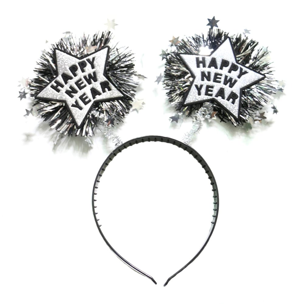 Dzrige Happy New Year Headband with Star Boppers & Silver Tinsel, Glitter New Years Head Boppers Headband for New Year Birthday Carnival Party Props Decoration