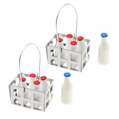 ECSiNG 2 Sets Miniature Milk Bottle Basket Set Dollhouse Milk Bottles Set with Basket Dollhouse Furniture Accessories for 1/6 Or 1/12 Dollhouse Decor
