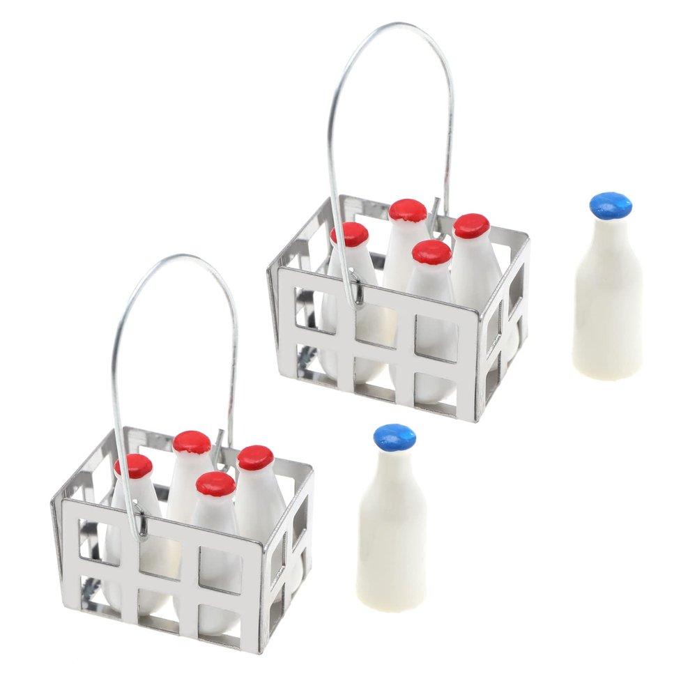 ECSiNG 2 Sets Miniature Milk Bottle Basket Set Dollhouse Milk Bottles Set with Basket Dollhouse Furniture Accessories for 1/6 Or 1/12 Dollhouse Decor