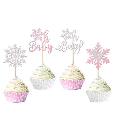 24 Pack Snowflake Cupcake Toppers Glitter Winter Oh Baby Cupcake Picks Winter Frozen Cake Decorations Snowflake Christmas Baby Shower Kids Birthday Party Supplies Pink